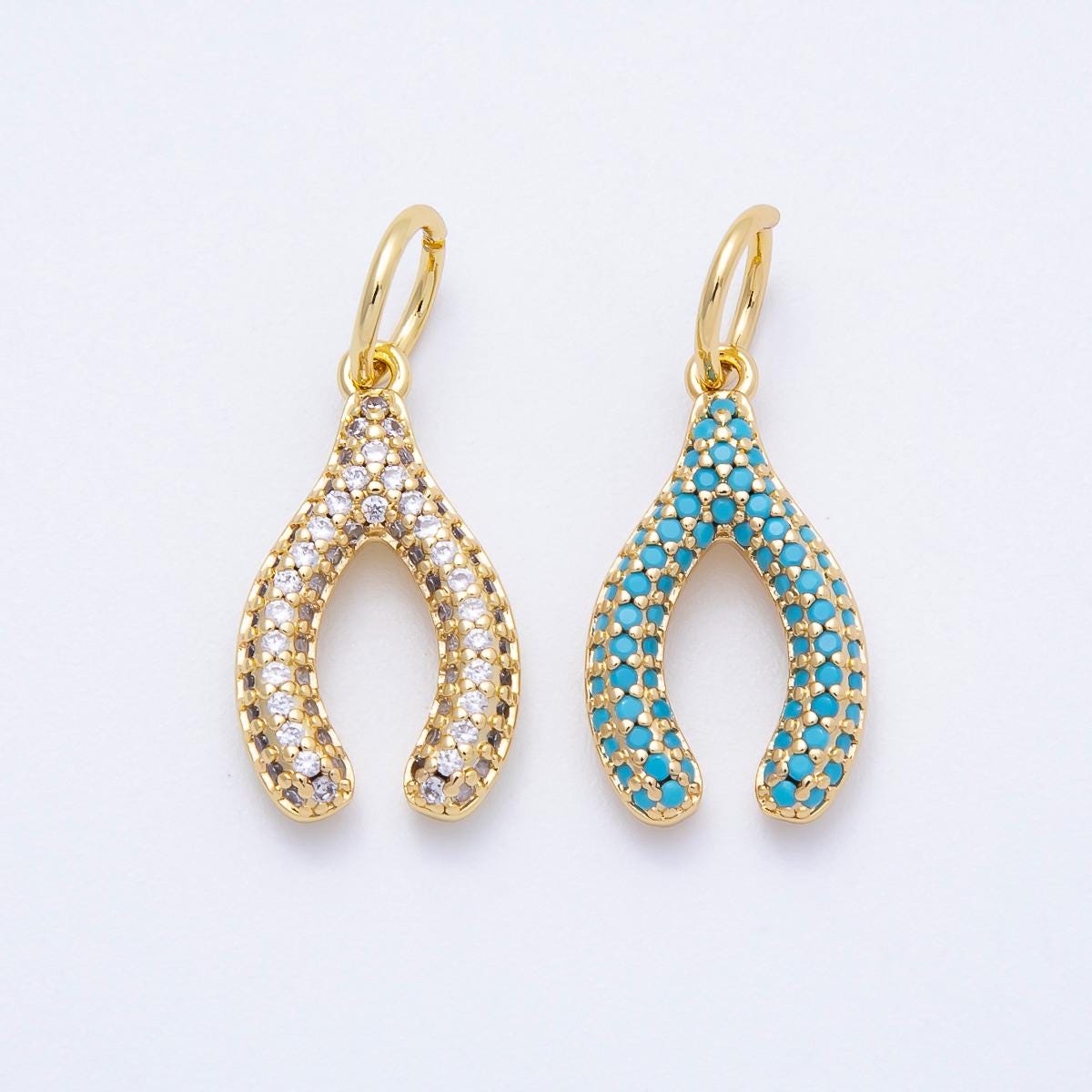 16k Gold Filled 22mm Micro Paved CZ Clear and Turquoise Wishbone Pendant Lucky Pendant DIY Jewelry Making Supply for Necklace | CHARMS-00659
