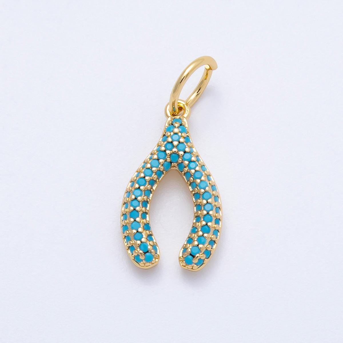 16k Gold Filled 22mm Micro Paved CZ Clear and Turquoise Wishbone Pendant Lucky Pendant DIY Jewelry Making Supply for Necklace | CHARMS-00659