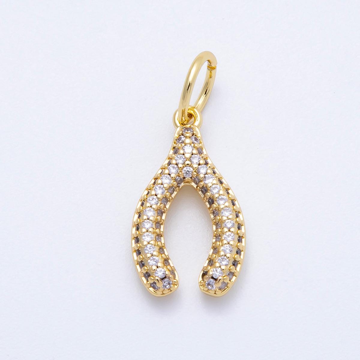 16k Gold Filled 22mm Micro Paved CZ Clear and Turquoise Wishbone Pendant Lucky Pendant DIY Jewelry Making Supply for Necklace | CHARMS-00659