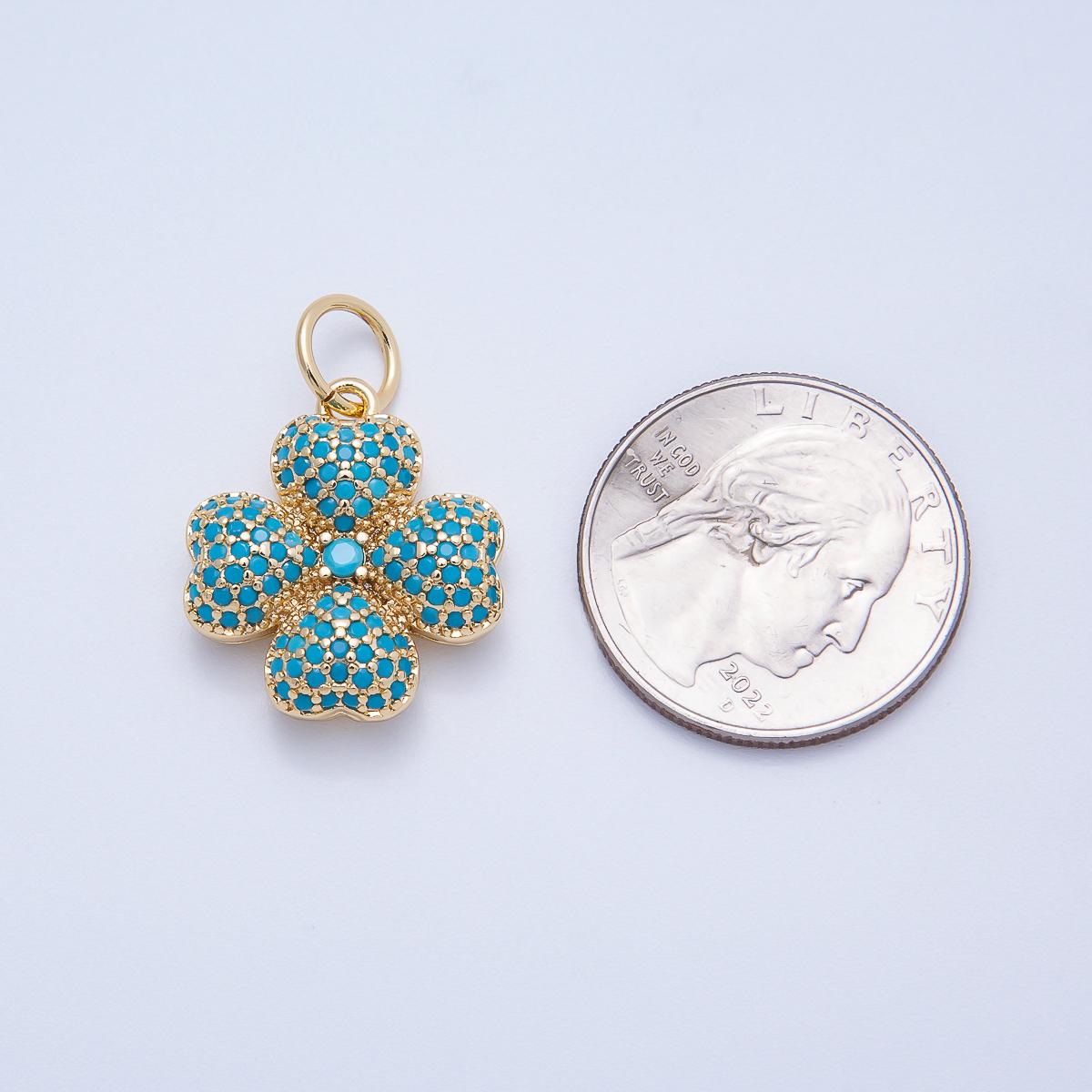 16k Gold Filled 22mm Micro Paved CZ Clear and Turquoise Clover Charm Lucky Flower Pendant DIY Jewelry Making Supply Necklace | CHARMS-00661