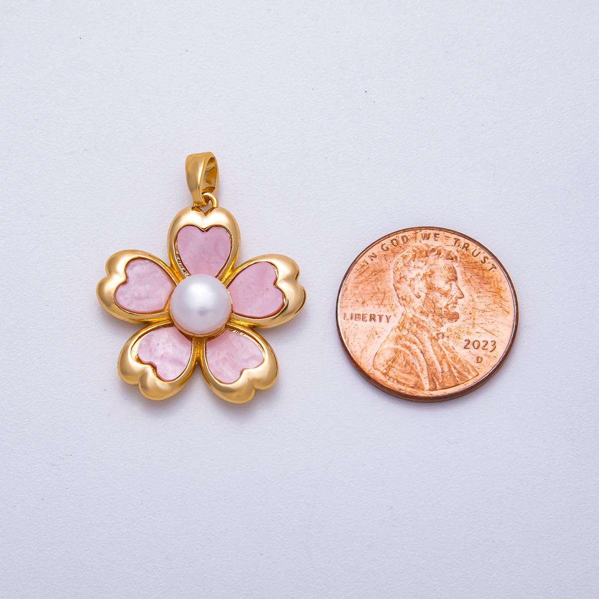 18K Gold Filled 23mm Pink Heart Shell Pearl Blooming Flower Pendant | Charms-00643