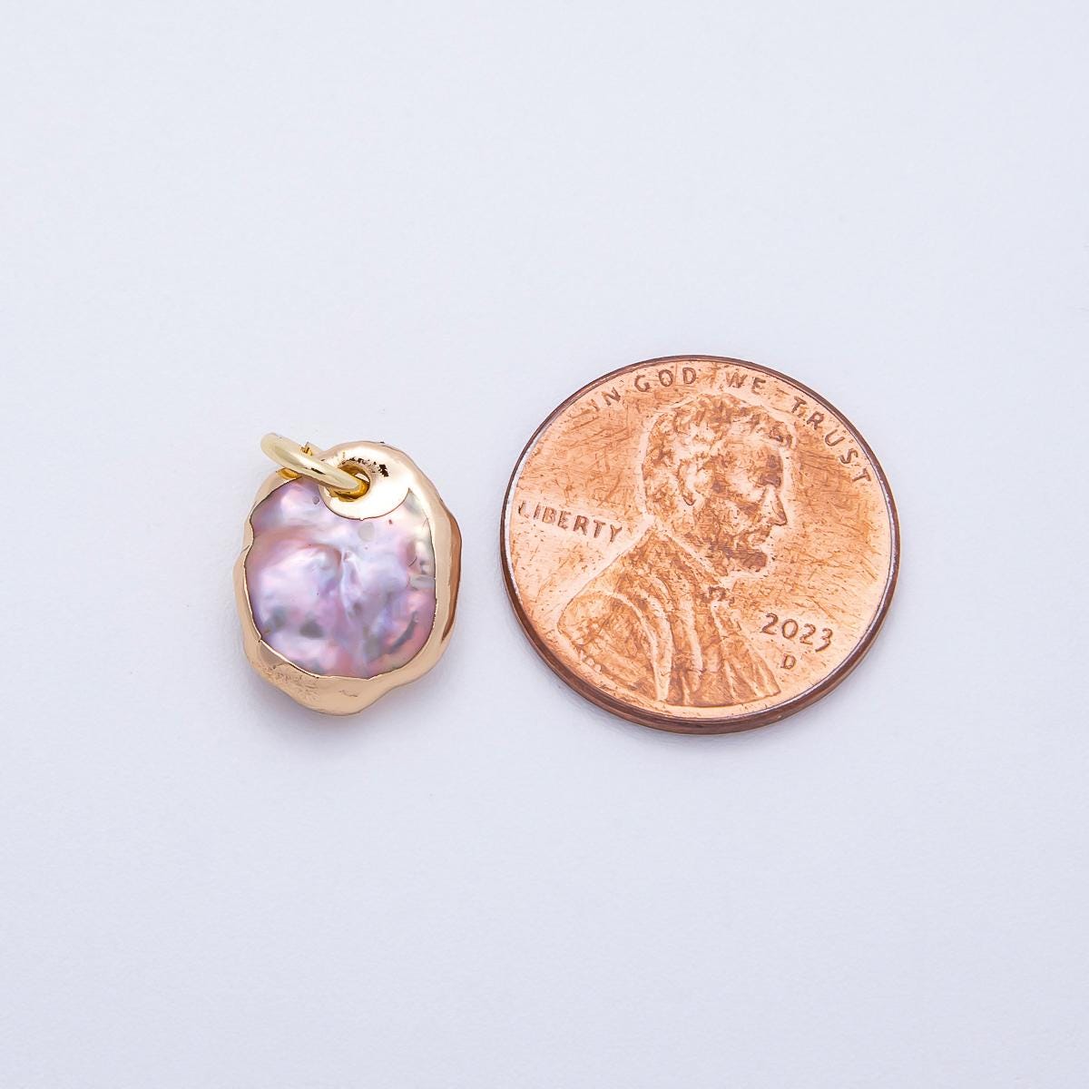 Mini Freeform Baroque Coin Pearl Pendant Necklace 18k Gold Plated Edges White Pearl Charms-642