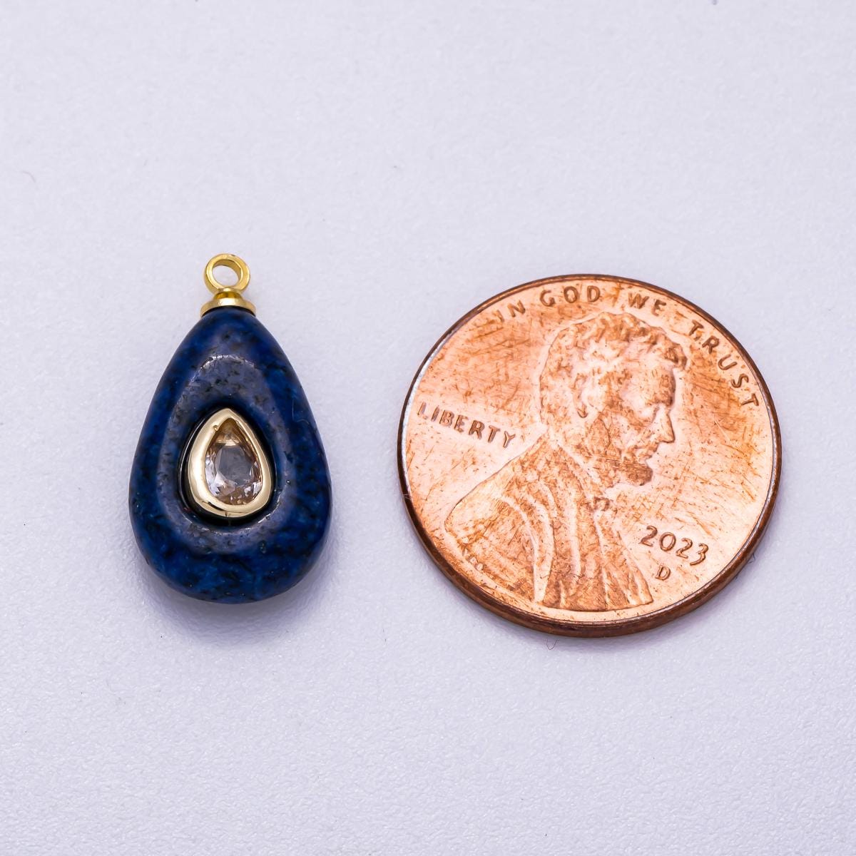16K Gold Filled 18mm Clear CZ Embedded Blue Lapis Lazuli Teardrop Charm Gemstone Healing Crystal Necklace for Her diy supply | Charms-00579