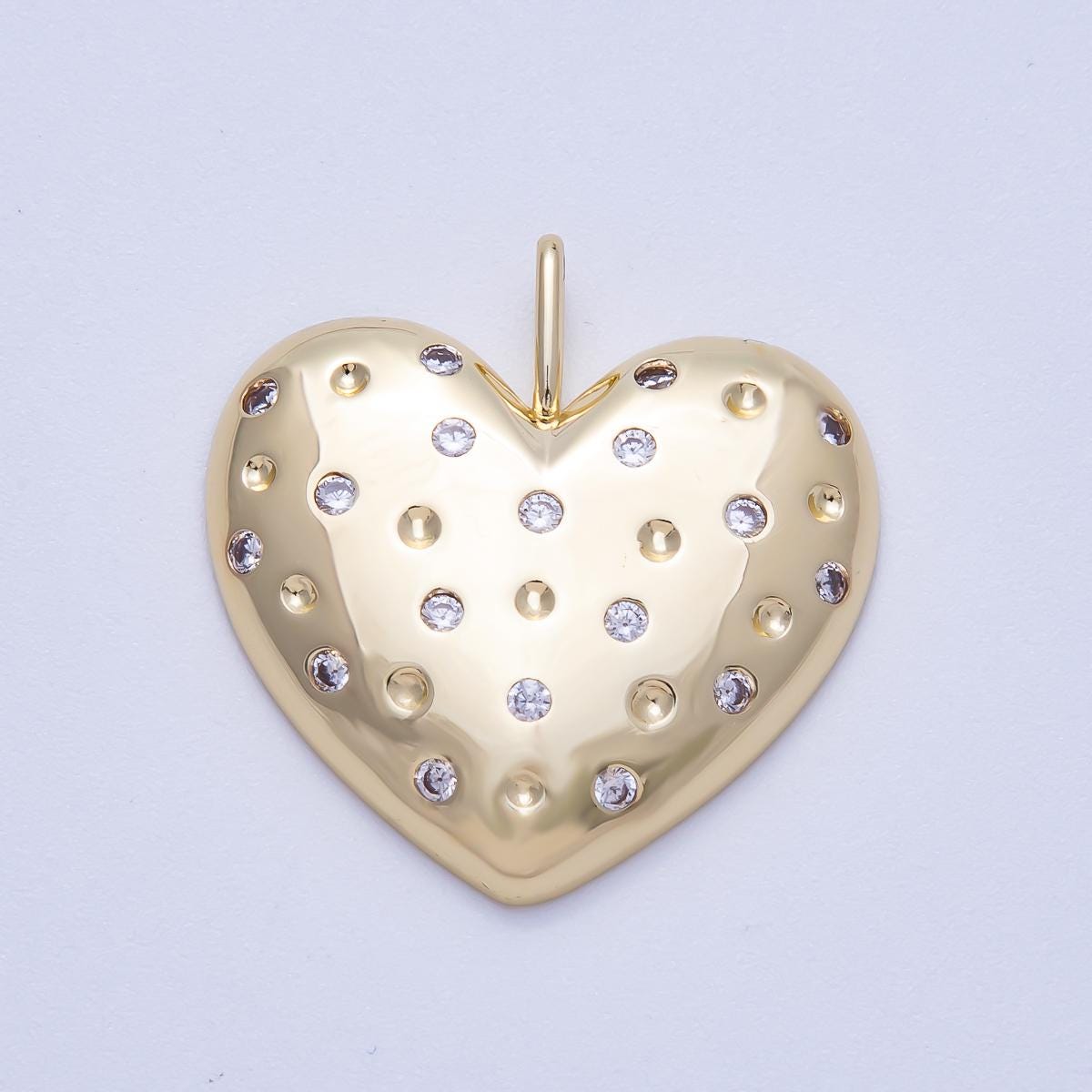 16K Gold Filled 30mm Clear CZ Dotted Chubby Love Heart Pendant Minimalist Romantic Gift for Her DIY Supply for custom necklace| Charms-00615
