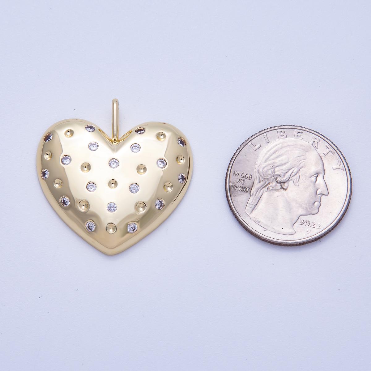 16K Gold Filled 30mm Clear CZ Dotted Chubby Love Heart Pendant Minimalist Romantic Gift for Her DIY Supply for custom necklace| Charms-00615