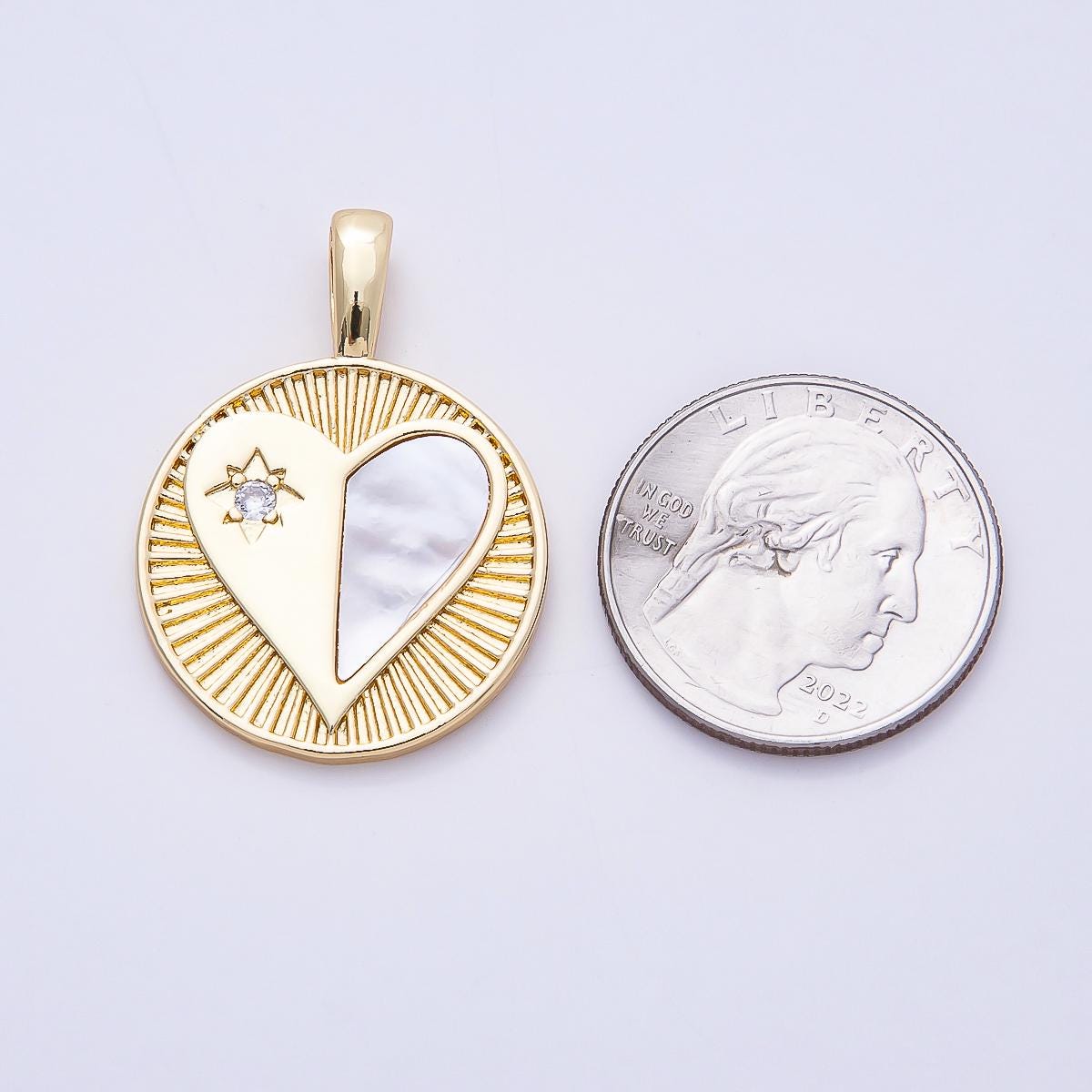 16k Gold Filled 35mm Heart Medallion Mother of Pearl Charm Celestial Star Pendant DIY Jewelry Supply for custom Necklace | CHARMS-00757