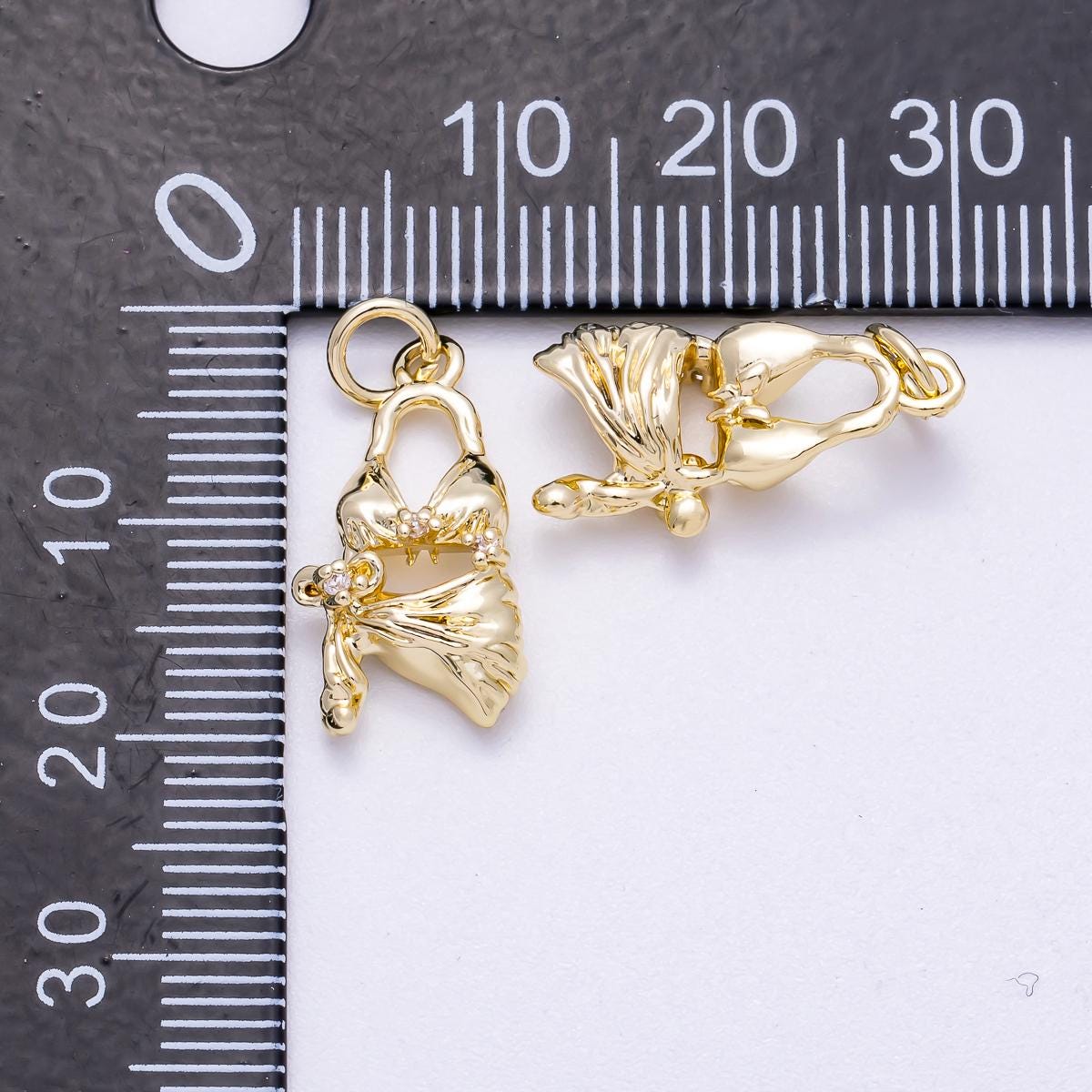 16K Gold Filled 19mm Clear CZ Summer Beach Bikini 3D Multidimensional Charm Tropical Swimsuit Pendant with CZ travel gift | Charms-00631