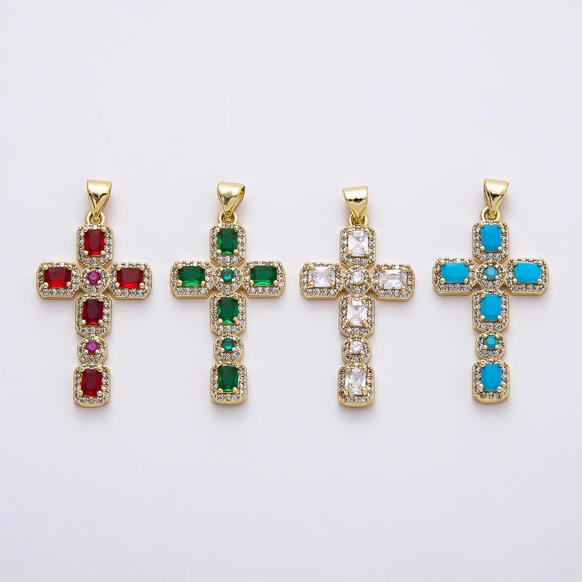 16k Gold Filled 31mm CZ Gemstone Cross Pendant Crystal Religious Jewelry Statement Piece DIY Supply for custom Necklace | CHARMS-00760