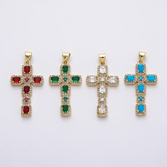 16k Gold Filled 31mm CZ Gemstone Cross Pendant Crystal Religious Jewelry Statement Piece DIY Supply for custom Necklace | CHARMS-00760