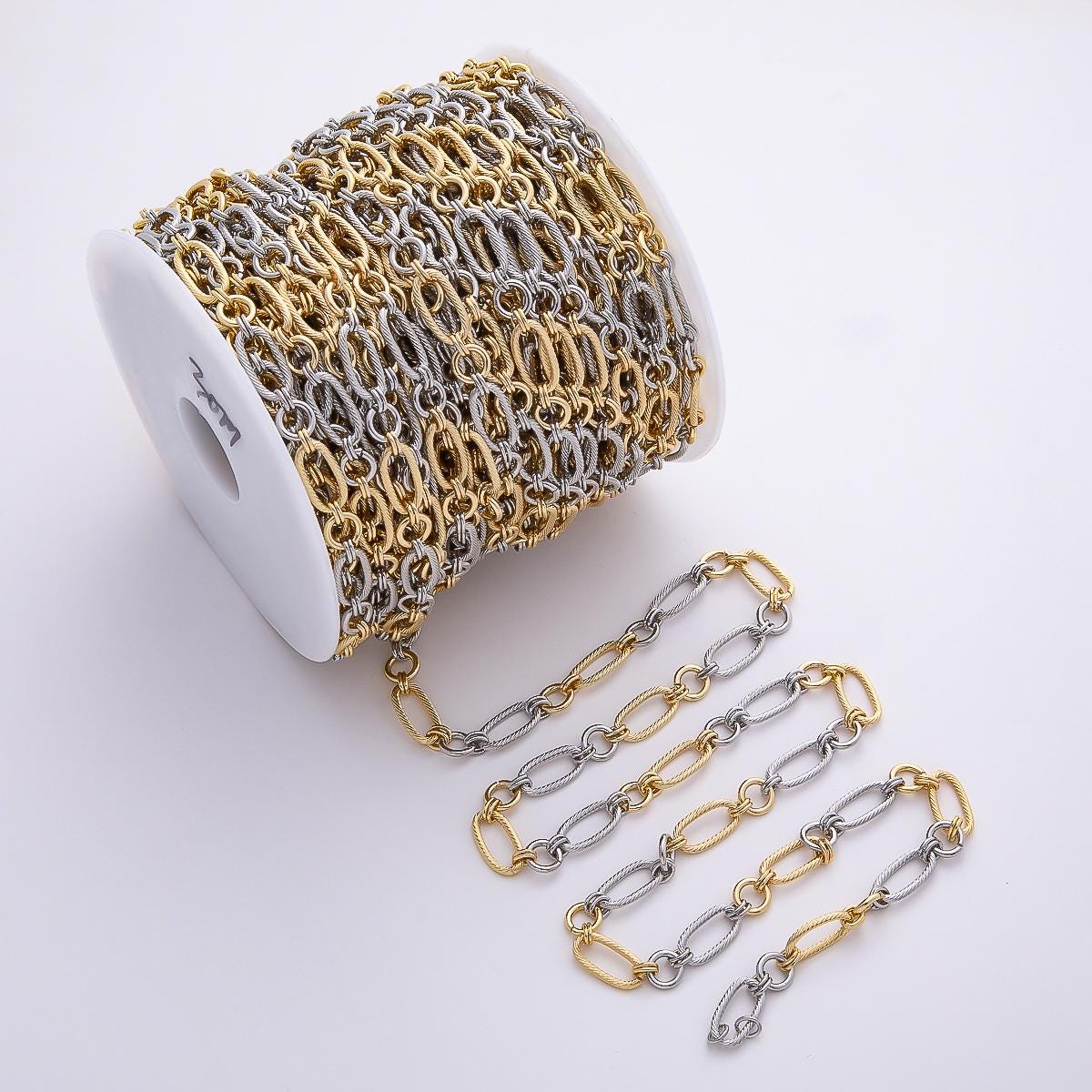 Two Tone Cable Chain by Yard Mixed Metal Roll Wholesale Bulk Textured Chain Link DIY Jewelry Supply for Necklace Bracelet | ROLL-1871