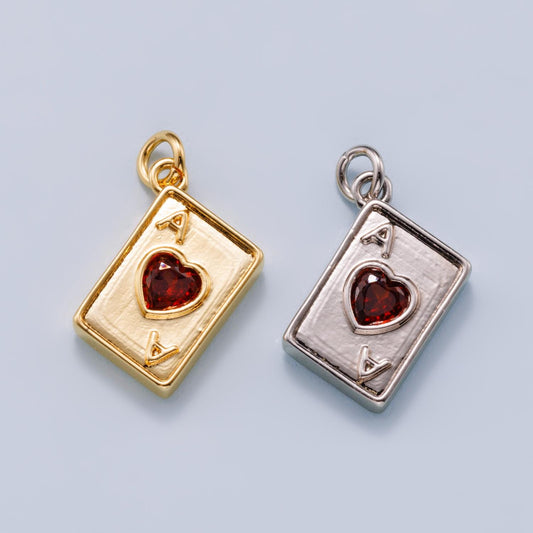 24K Gold Filled 13mm Red CZ Ace of Hearts Charm in Gold & Silver Lucky Card Pendant DIY Jewelry Making Supply | Charms-00655
