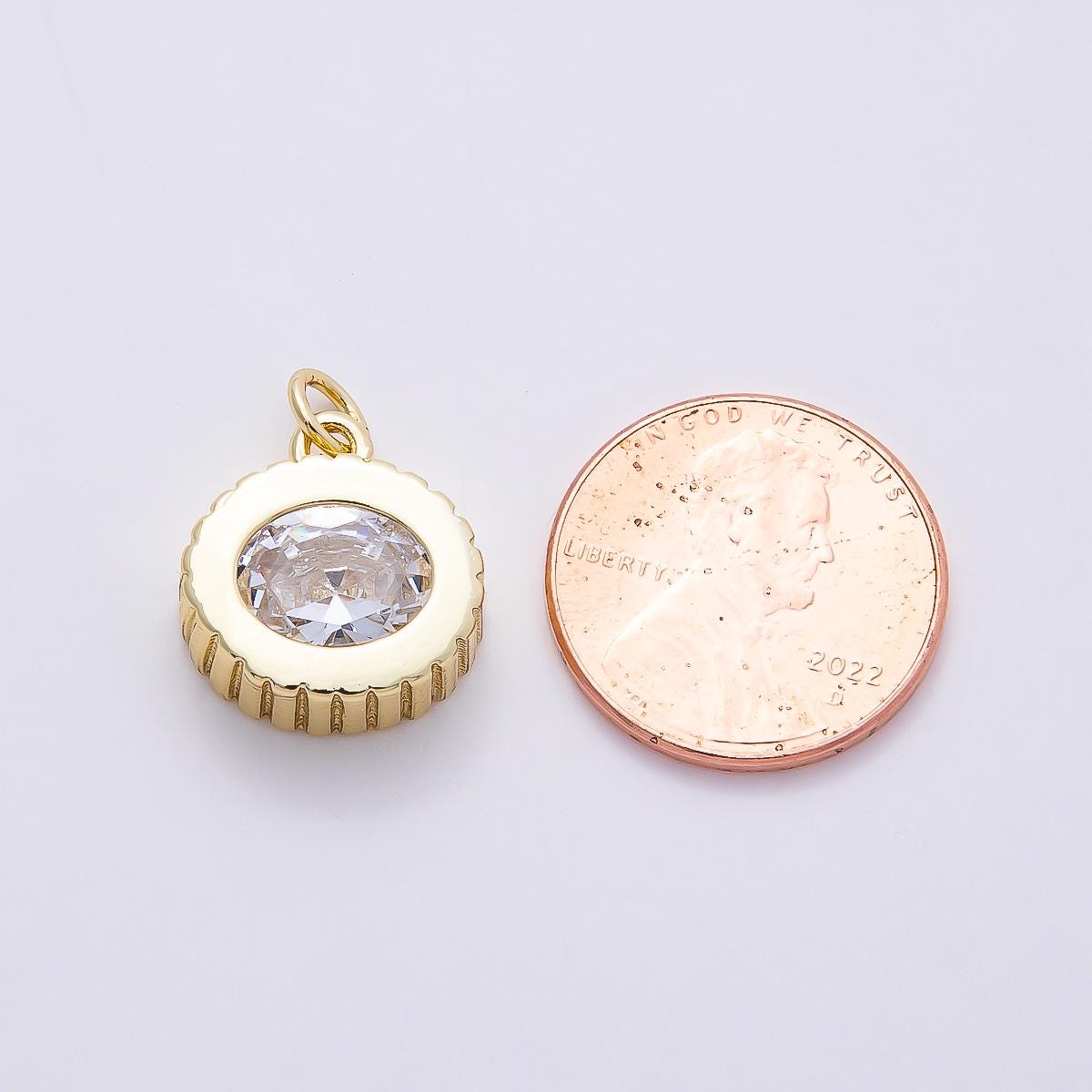 16k Gold 16mm Oval Crystal Pendant Ribbed Edged Coin Charm Dainty Solitaire Necklace Minimalist Birthday Gift for Her | CHARMS-00758
