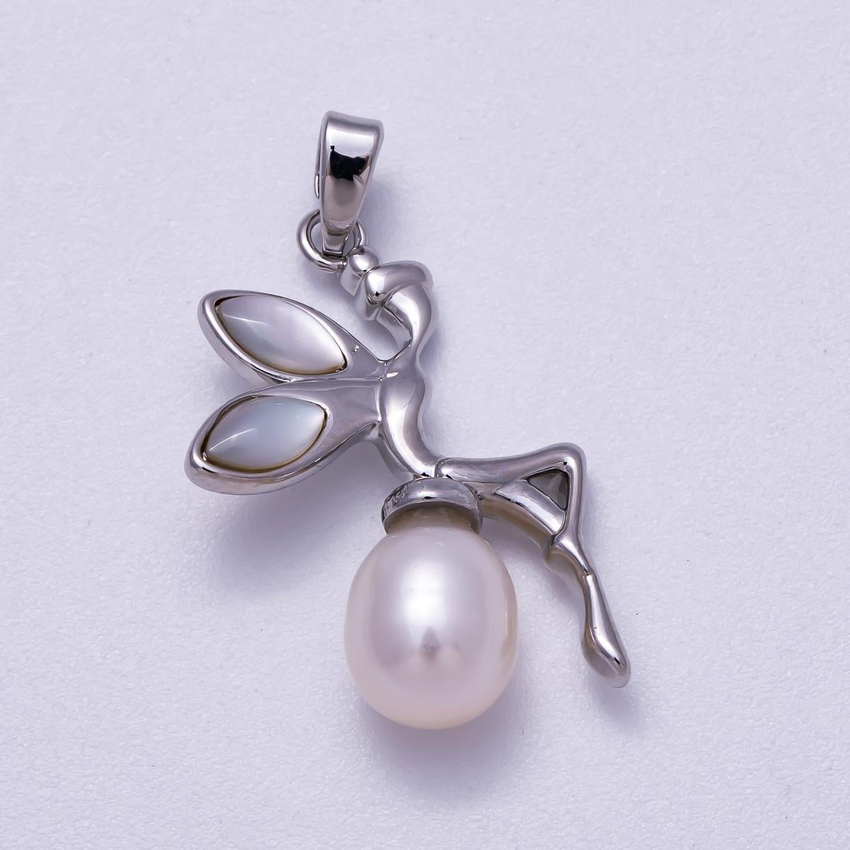 Rhodium Plated 26mm Shell Pearl Fairy Elf Pendant Whimsical Mythical Pixie Charm Dainty Celestial Winged Necklace Accessory | Charms-00646