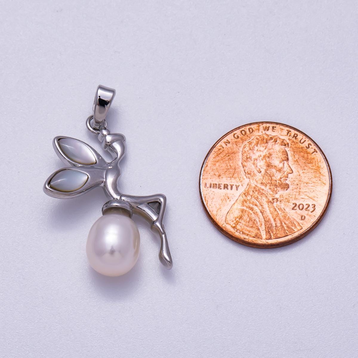 Rhodium Plated 26mm Shell Pearl Fairy Elf Pendant Whimsical Mythical Pixie Charm Dainty Celestial Winged Necklace Accessory | Charms-00646