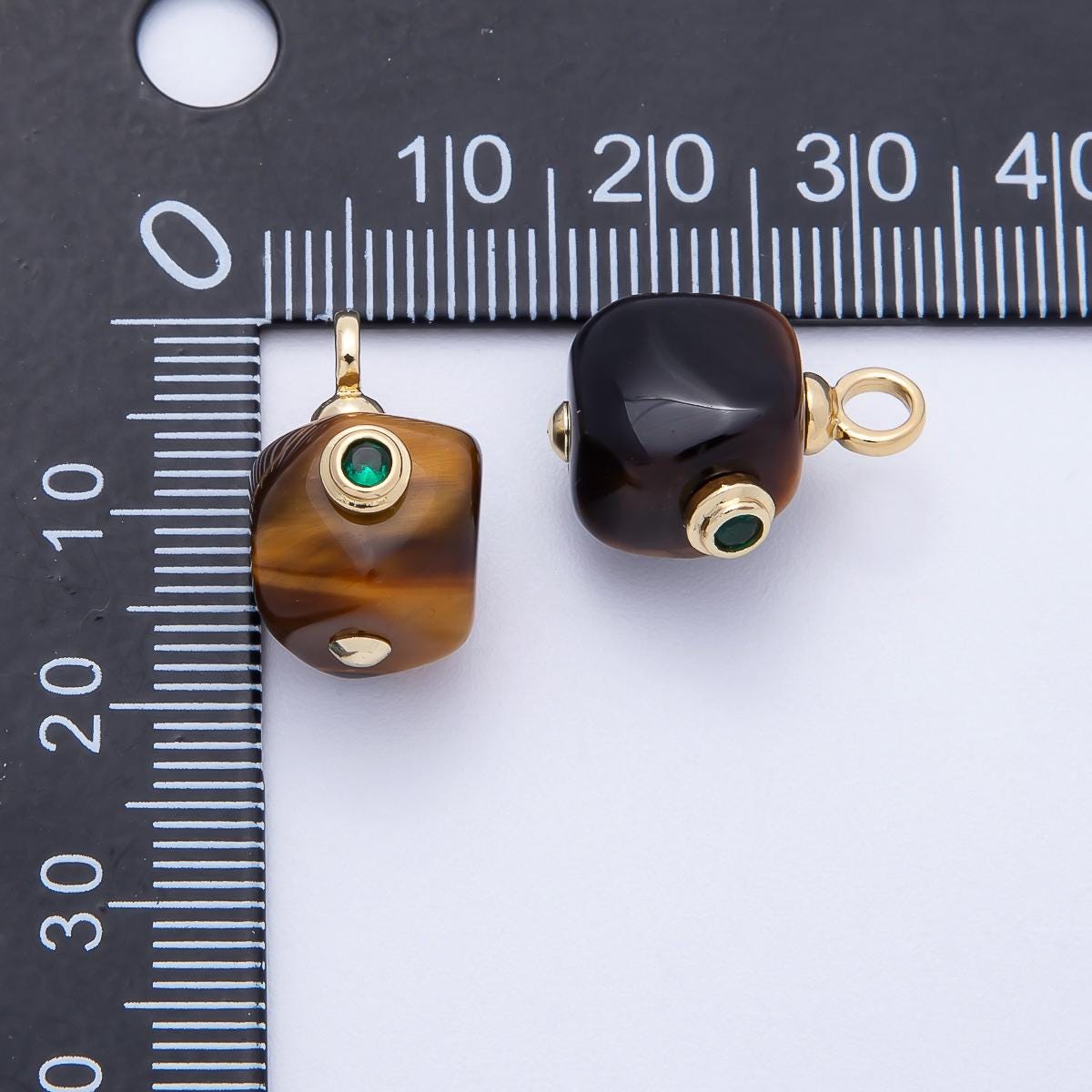 16K Gold Filled 18mm Green CZ Tiger Eye Natural Gemstone Asymmetric Mini Charm Minimalist Earthy Gift Modern Boho Necklace | Charms-00650