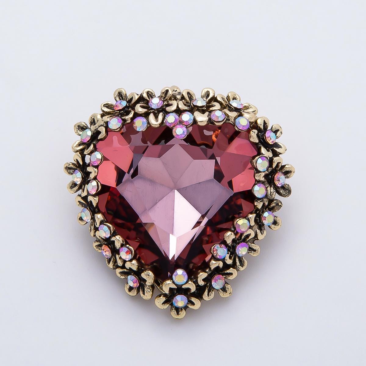 Vintage Heart Brooch 36mm Crystal Rhinestone Pin Red Purple Antique Gold Valentine Gift Romantic Costume Jewelry | BH-121