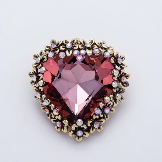 Vintage Heart Brooch 36mm Crystal Rhinestone Pin Red Purple Antique Gold Valentine Gift Romantic Costume Jewelry | BH-121