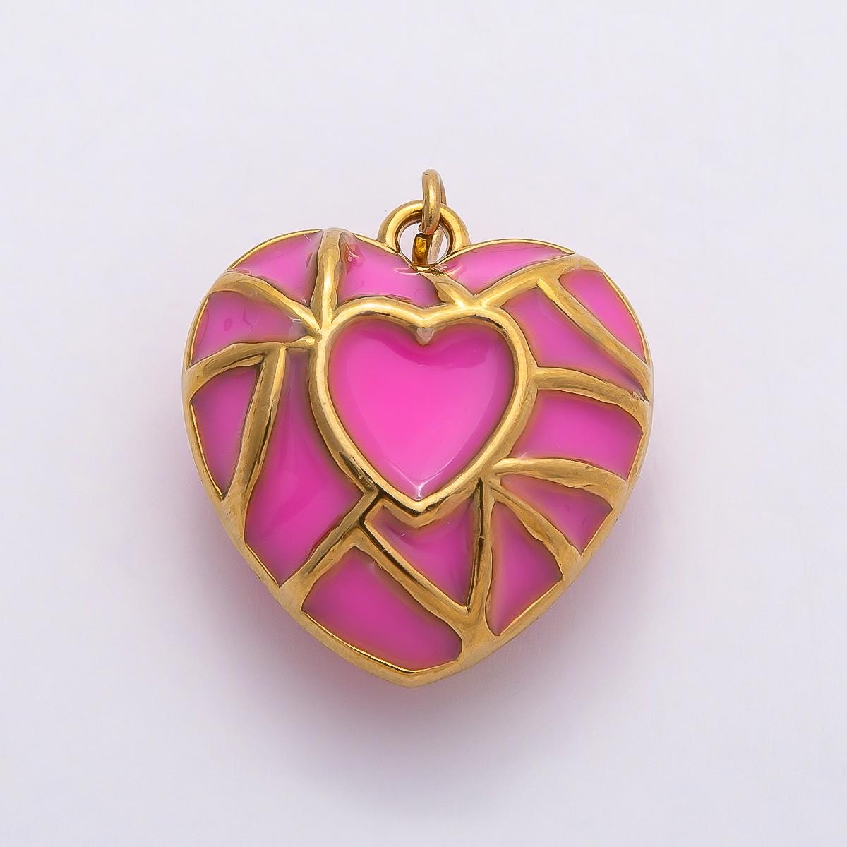 18k Stainless Steel Gold Pink Mosaic Heart Dangle Charm Whimsical Jewelry for Her DIY Supply for custom Necklace and Bracelet | CHARMS-00788
