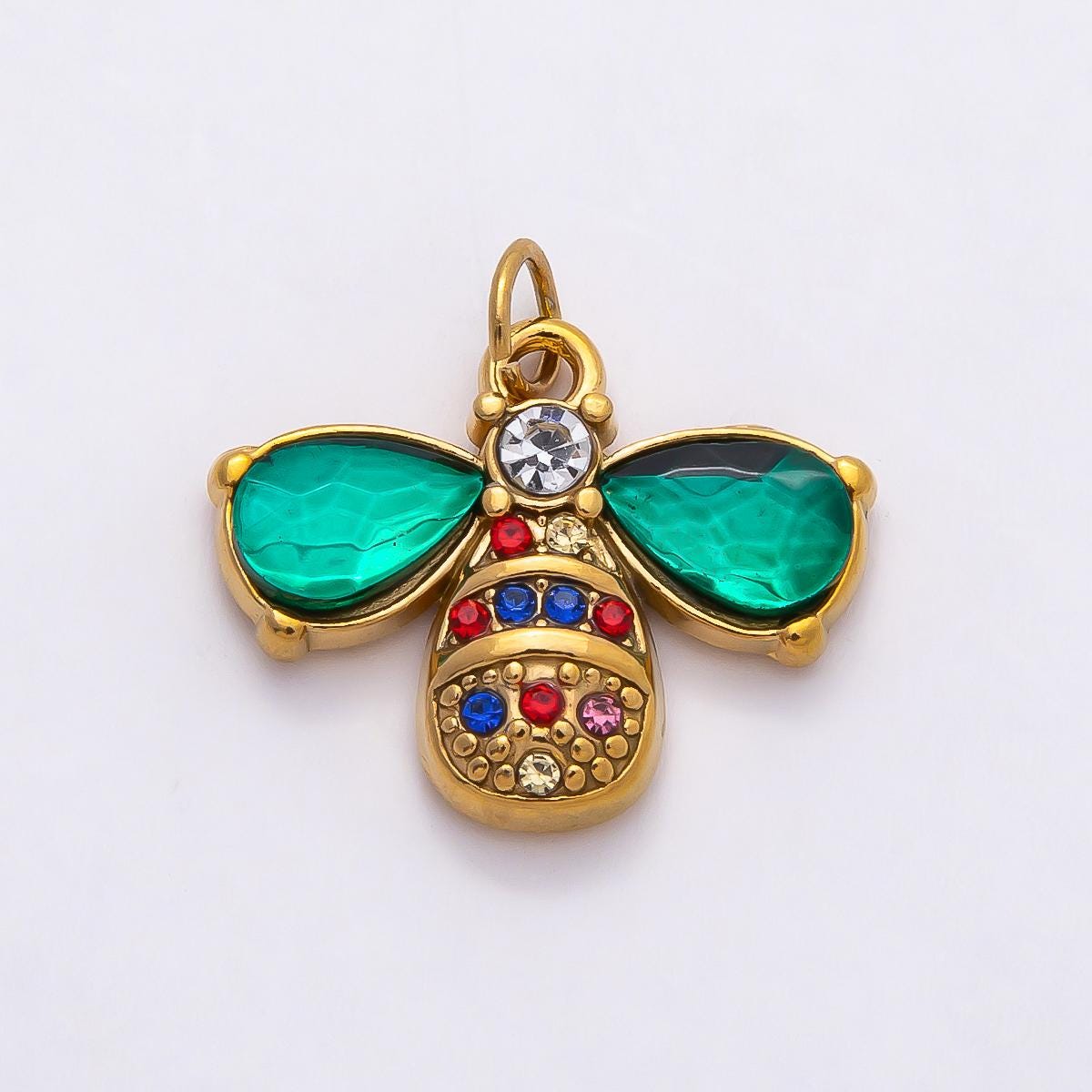 18k Stainless Steel Colorful Rhinestone Bee Charm Gold Insect with Wings Pendant Boho Jewelry Making Supply Necklace Bracelet | CHARMS-00793