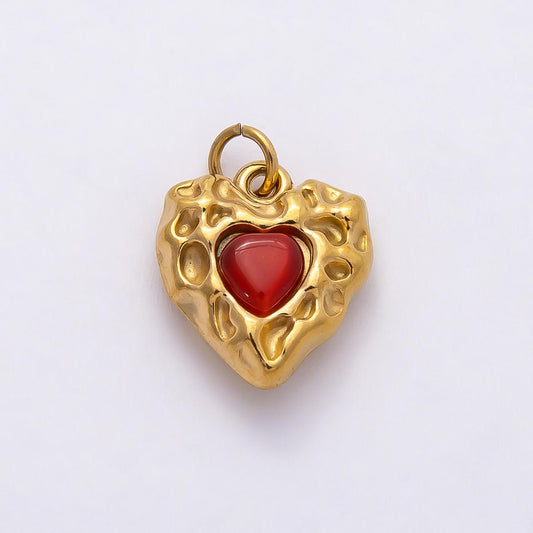 18k Stainless Steel 16mm Gold Molten Red Heart Charm Textured Hammered Puffy Love Pendant Romantic Valentine Gift DIY | CHARMS-00801