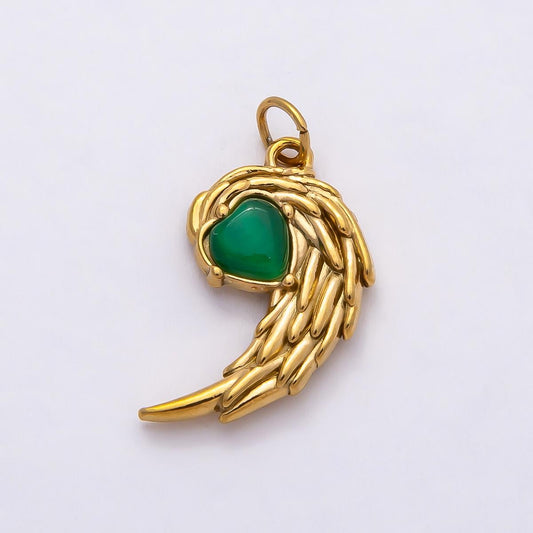 18k Stainless Steel Gold Angel Wing Charm with Green Heart Guardian Angel Feather Spiritual Jewelry DIY Necklace Bracelet | CHARMS-00808