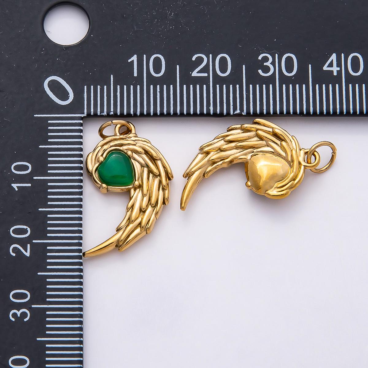18k Stainless Steel Gold Angel Wing Charm with Green Heart Guardian Angel Feather Spiritual Jewelry DIY Necklace Bracelet | CHARMS-00808