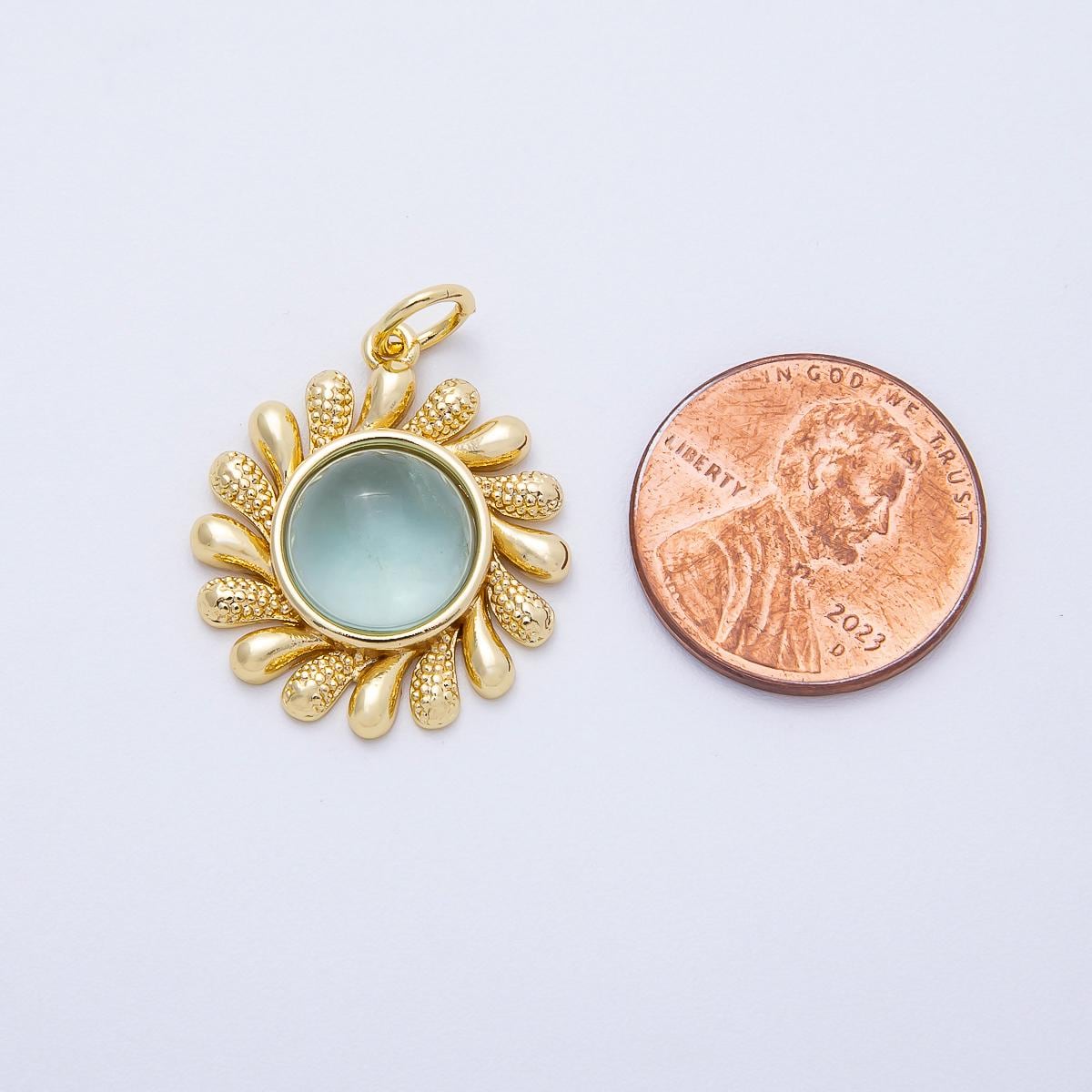 16K Gold Filled 23mm Tourmaline, Citrine Cabochon Gemstone Celestial Sun Ray Charm Textured Boho Sunburst Necklace DIY Supply | Charms-00693