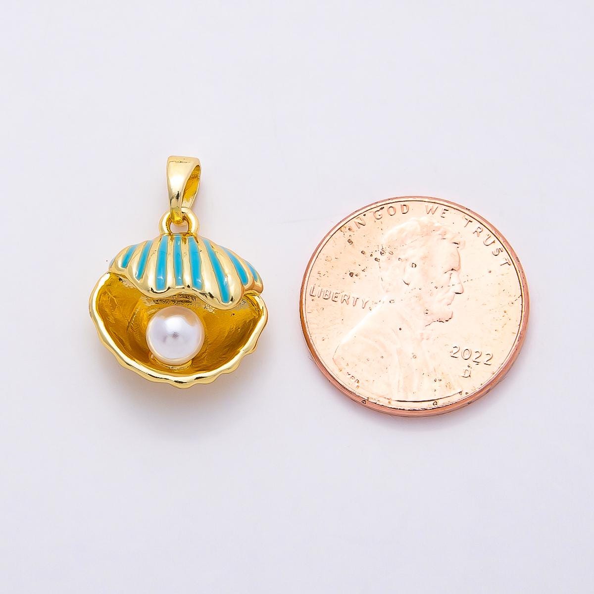 16k Gold Filled Blue Clam Shell Pendant with Pearl Enamel Sea Charm DIY Supply Custom Jewelry Making Beach Necklace Bracelet | CHARMS-00809