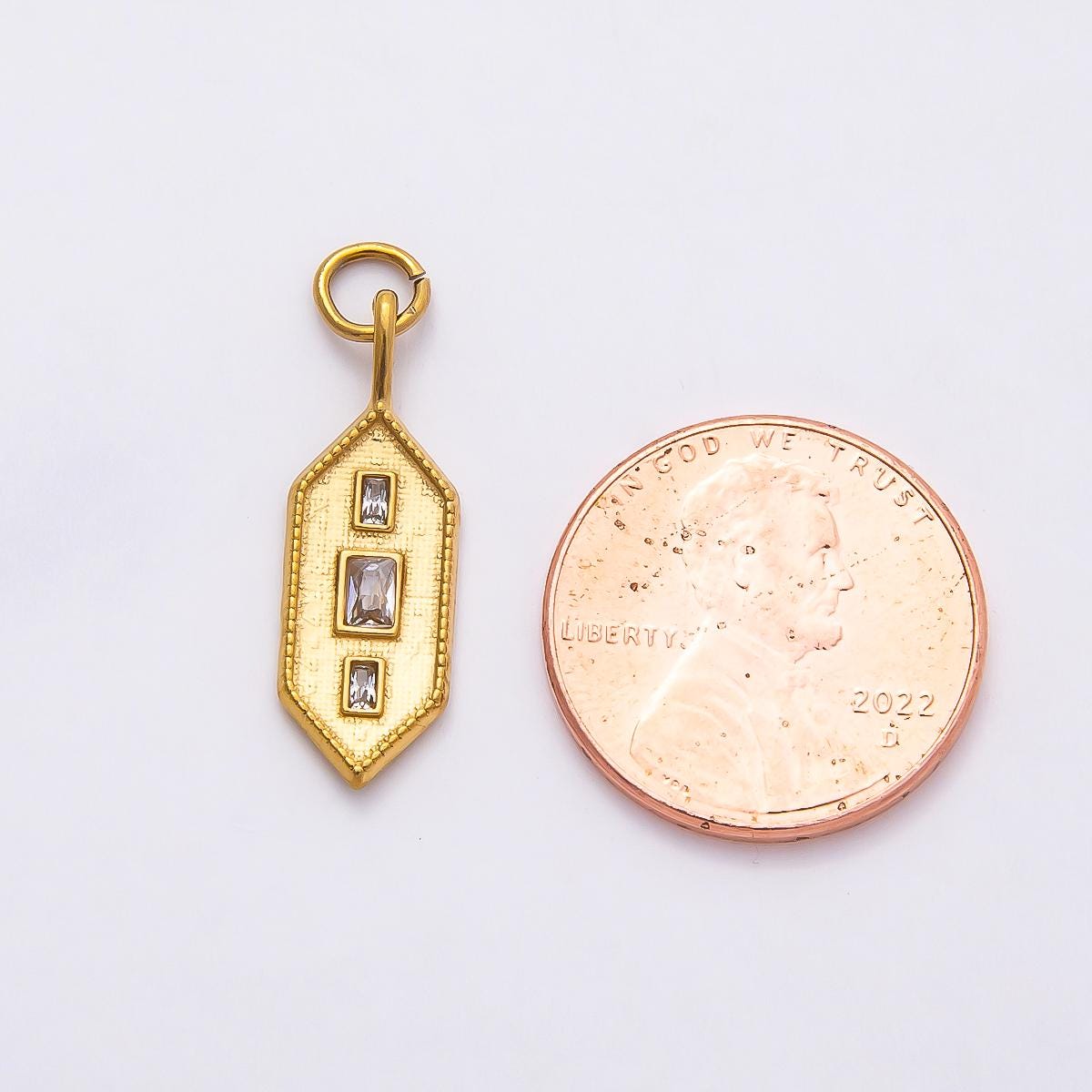 18k Stainless Steel Geometric Bar Charm with Baguette CZ Textured Hexagon Pendant Jewelry Making Supply Necklace Bracelet | CHARMS-00797