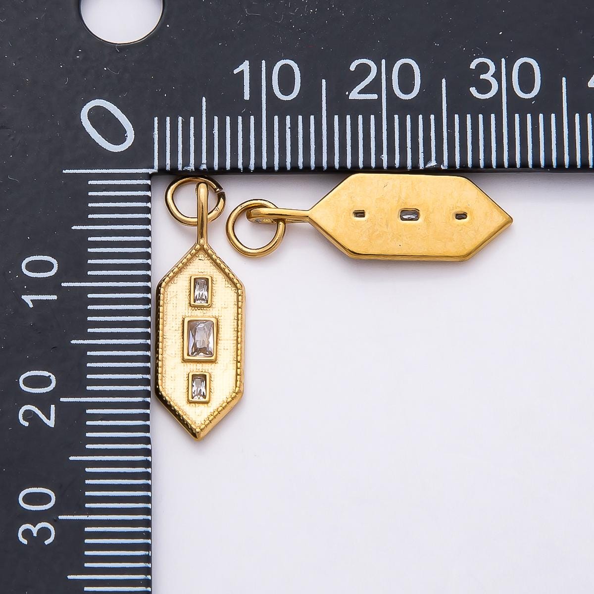 18k Stainless Steel Geometric Bar Charm with Baguette CZ Textured Hexagon Pendant Jewelry Making Supply Necklace Bracelet | CHARMS-00797