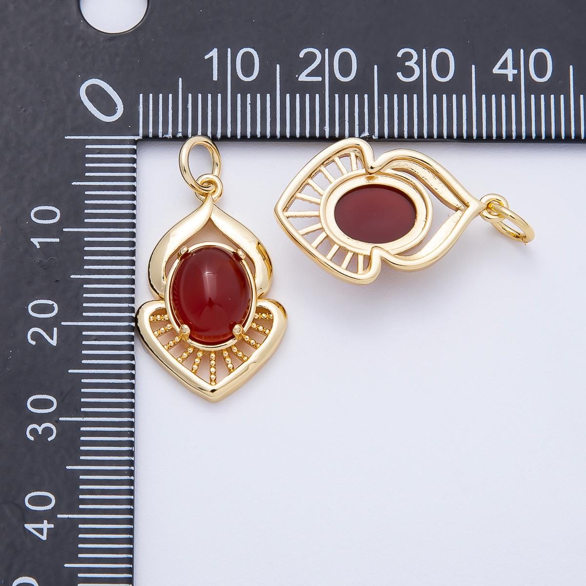 16K Gold Filled 24mm Moonstone, Red Agate Cabochon Gemstone Curved Geometric Charm Vintage Filigree DIY Necklace Finding | Charms-00697