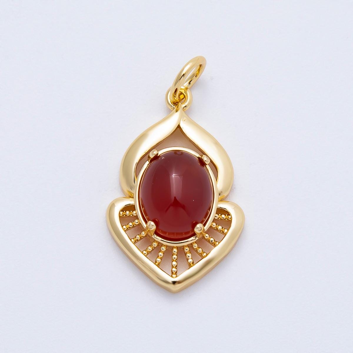 16K Gold Filled 24mm Moonstone, Red Agate Cabochon Gemstone Curved Geometric Charm Vintage Filigree DIY Necklace Finding | Charms-00697