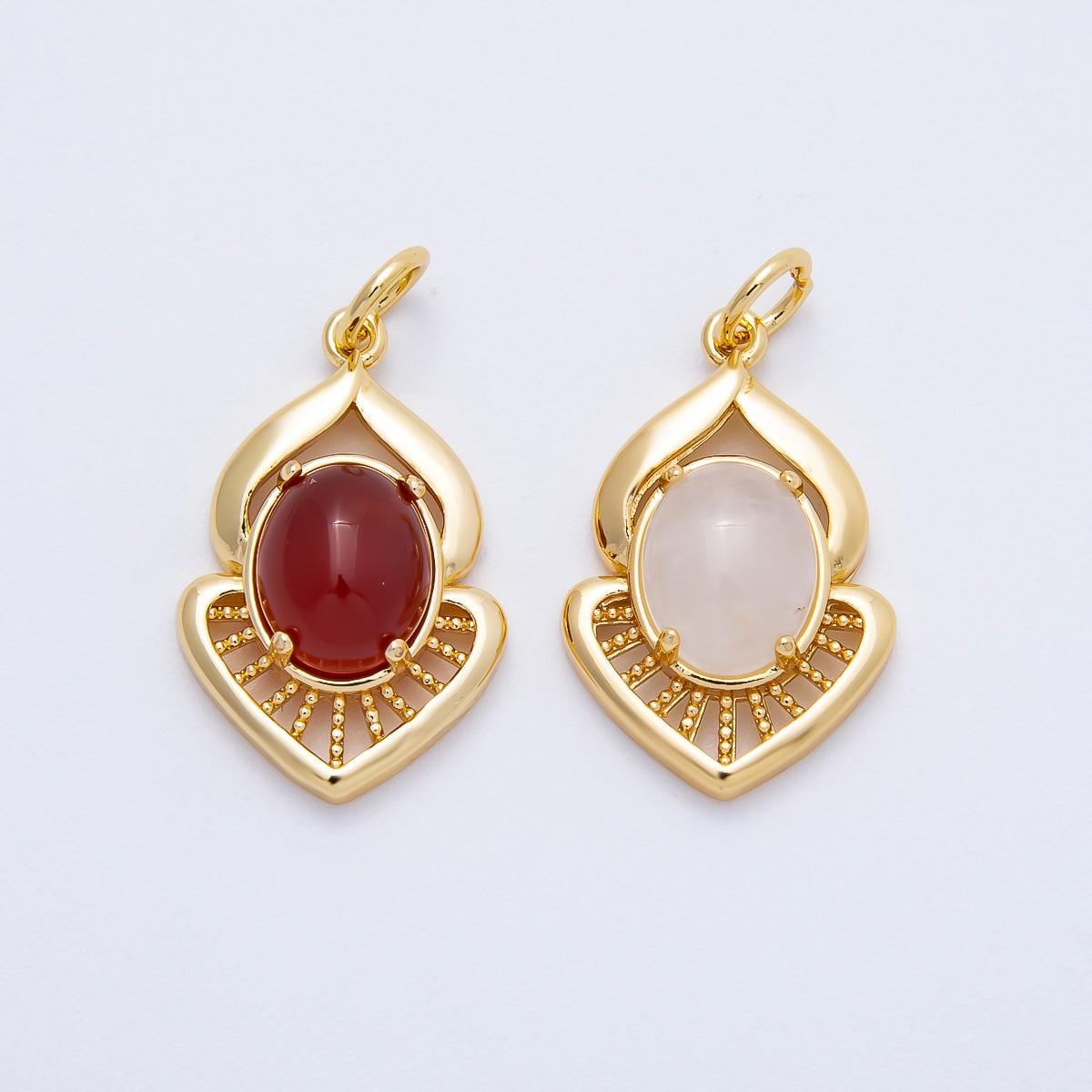 16K Gold Filled 24mm Moonstone, Red Agate Cabochon Gemstone Curved Geometric Charm Vintage Filigree DIY Necklace Finding | Charms-00697