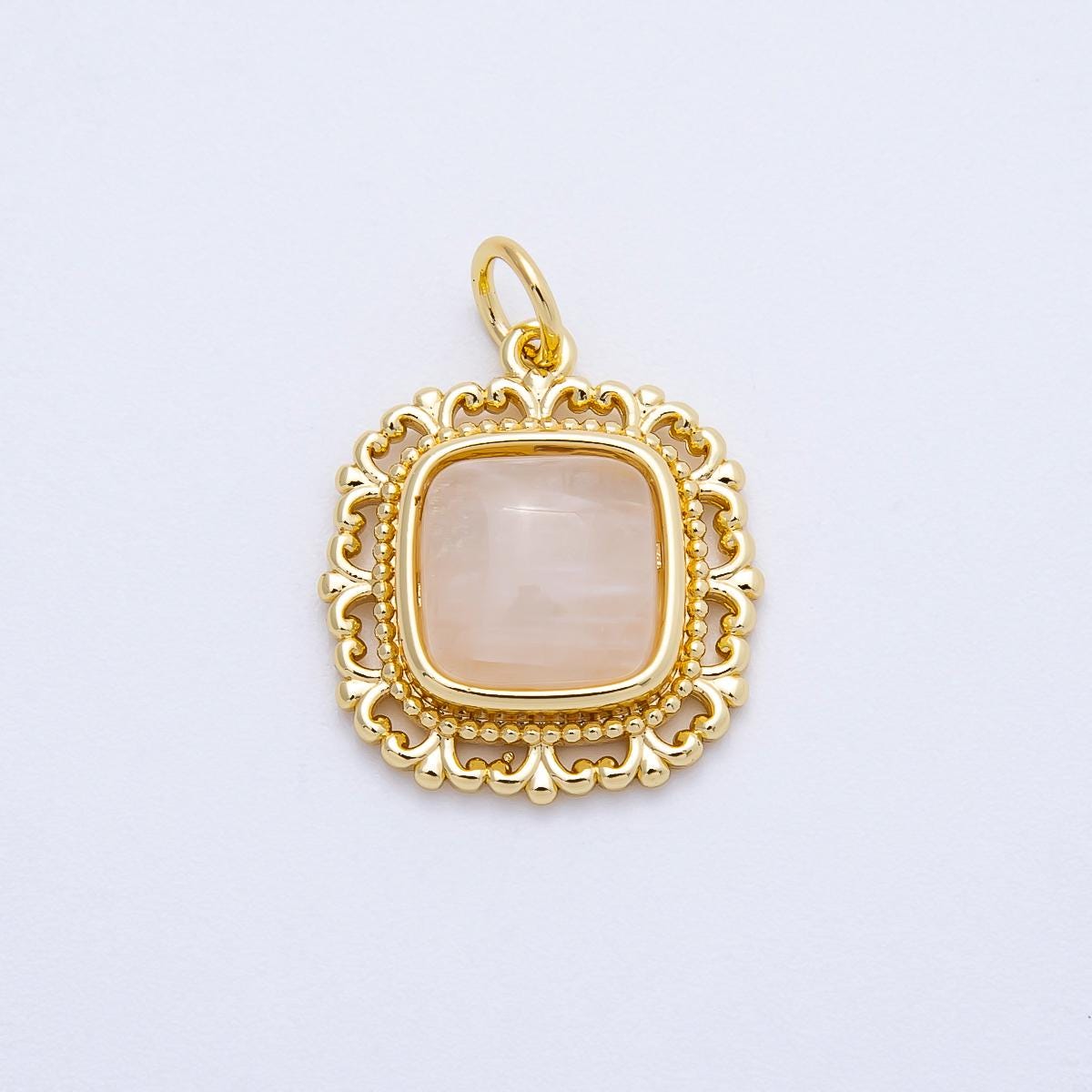 16K Gold Filled 21mm Moonstone Square Gemstone Artisan Bezel Charm Vintage Lace Frame Pendant DIY Supply for Custom Necklace | Charms-00699