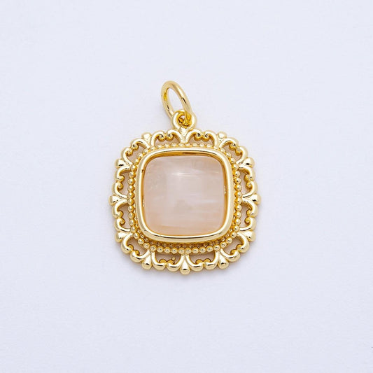 16K Gold Filled 21mm Moonstone Square Gemstone Artisan Bezel Charm Vintage Lace Frame Pendant DIY Supply for Custom Necklace | Charms-00699