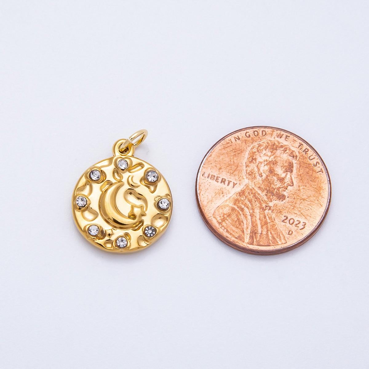 PVD Stainless Steel 16.5mm Celestial Coin Charm with Crescent Moon and Micro Pave cz Crystals DIY Supply Necklace Bracelet | CHARMS-00710