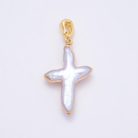 16k Rose Gold Filled Baroque Pearl Cross Pendant Freshwater Crucifix Charm DIY Necklace Making Faith Jewelry Gift for Her | CHARMS-00810