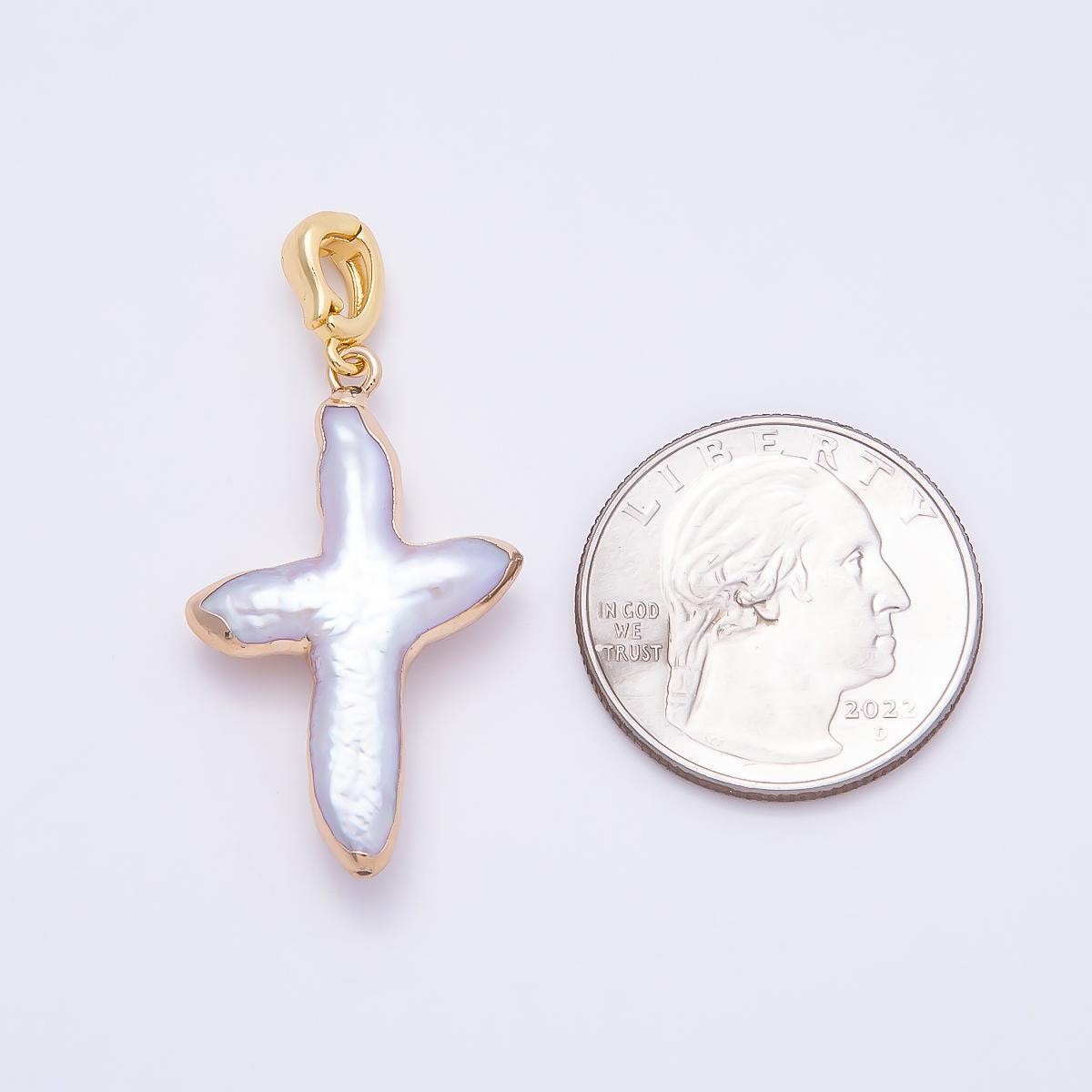 16k Rose Gold Filled Baroque Pearl Cross Pendant Freshwater Crucifix Charm DIY Necklace Making Faith Jewelry Gift for Her | CHARMS-00810