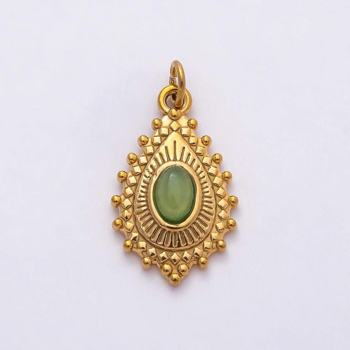 18k Stainless Steel 22mm Boho Gemstone Teardrop Charm Green and Blue Oval Pendant for DIY Jewelry Making Vintage Gift for Her | CHARMS-00791