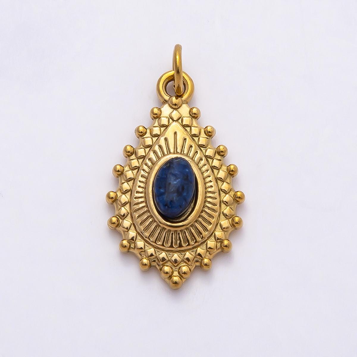 18k Stainless Steel 22mm Boho Gemstone Teardrop Charm Green and Blue Oval Pendant for DIY Jewelry Making Vintage Gift for Her | CHARMS-00791