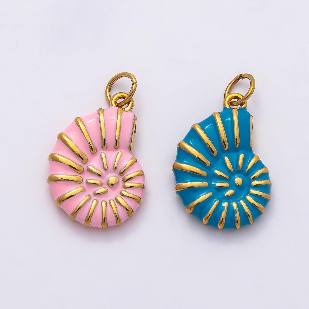 18k Stainless Steel 19mm Gold Enamel Seashell Charm Pink and Blue Spiral Pendant for DIY Ocean Charm Bracelet Beach Gift | CHARMS-00798