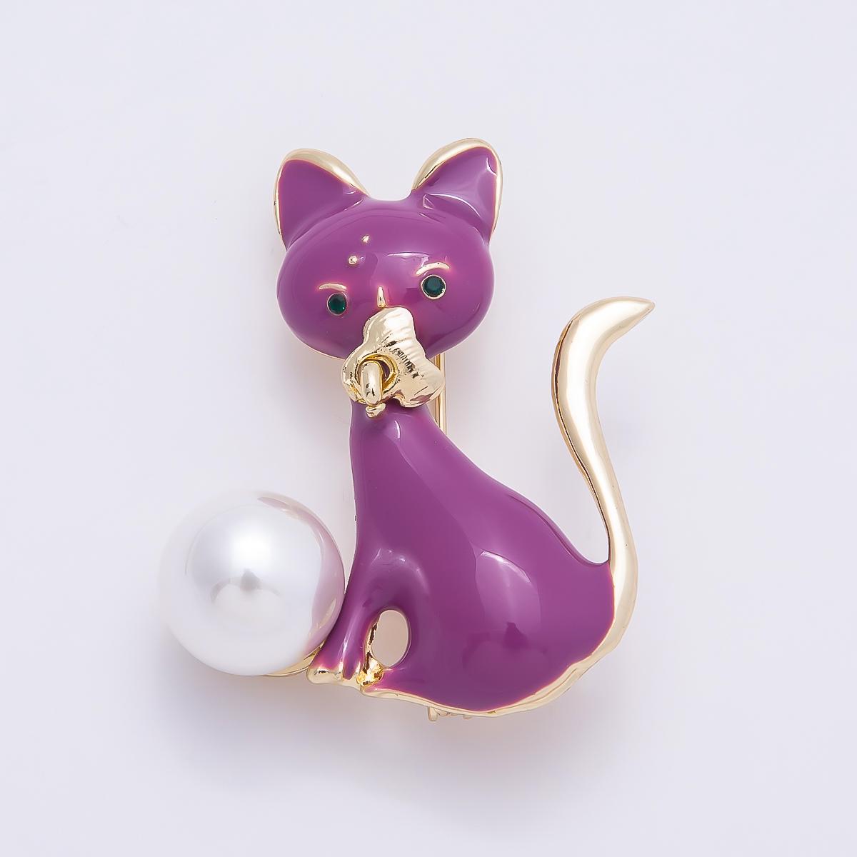 Purple Enamel Cat Brooch Elegant pin with Pearl 41.6mm unique cat lover gift animal lapel pin for her | BH-123