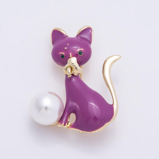Purple Enamel Cat Brooch Elegant pin with Pearl 41.6mm unique cat lover gift animal lapel pin for her | BH-123