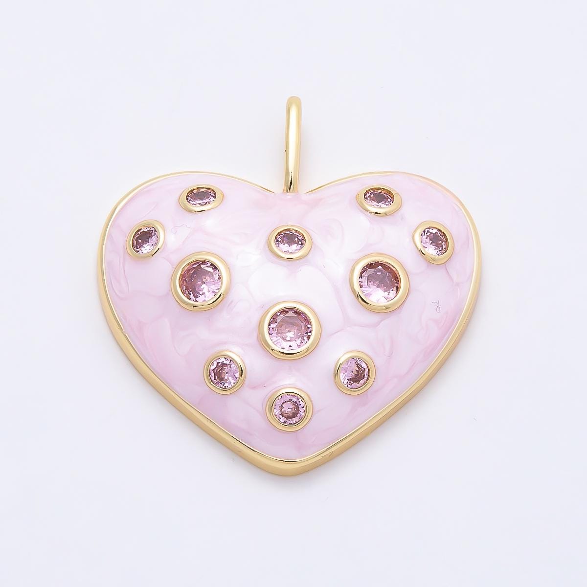 Dainty Pink Heart Gold Charm, Bubble Charm Pink Pave Pendant, Enamel Love Charm Color Jewelry 18k Gold Filled CHARMS-00856