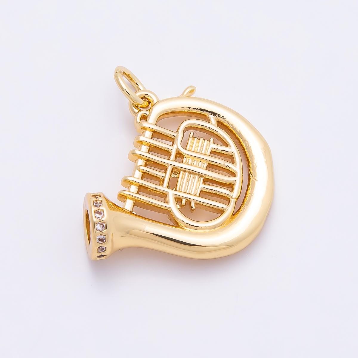 18K Gold Filled French Horn Pendant Harp Charm Piano CZ Musical Instrument Charm Bracelet Necklace for DIY Jewelry Making Supply Charms-859