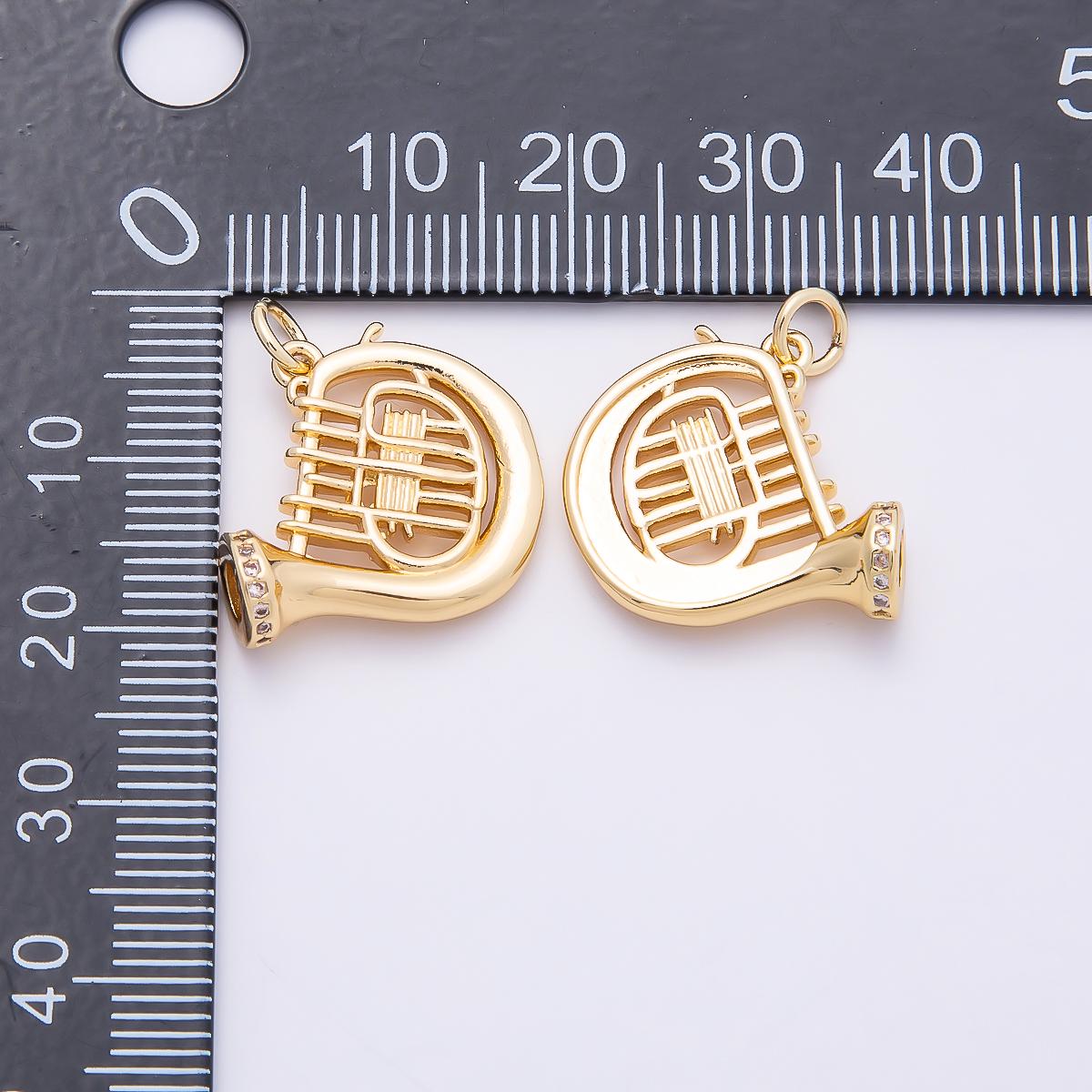 18K Gold Filled French Horn Pendant Harp Charm Piano CZ Musical Instrument Charm Bracelet Necklace for DIY Jewelry Making Supply Charms-859