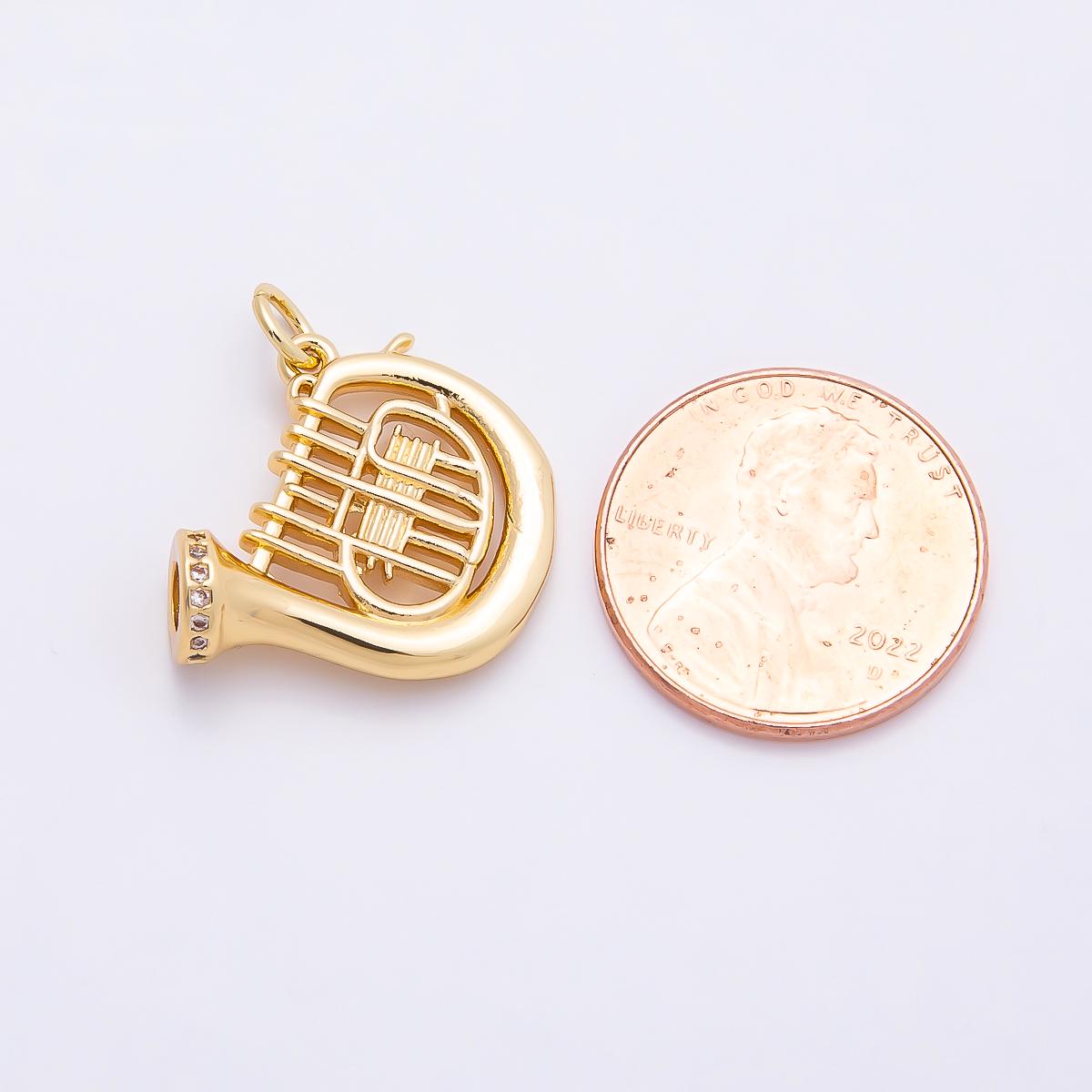 18K Gold Filled French Horn Pendant Harp Charm Piano CZ Musical Instrument Charm Bracelet Necklace for DIY Jewelry Making Supply Charms-859
