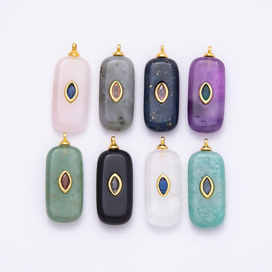 18k Gold Filled 30mm Natural Gemstone Rectangle Pendant with Inlaid Marquise Crystal Charm DIY Statement Piece Jewelry Making | CHARMS-00826
