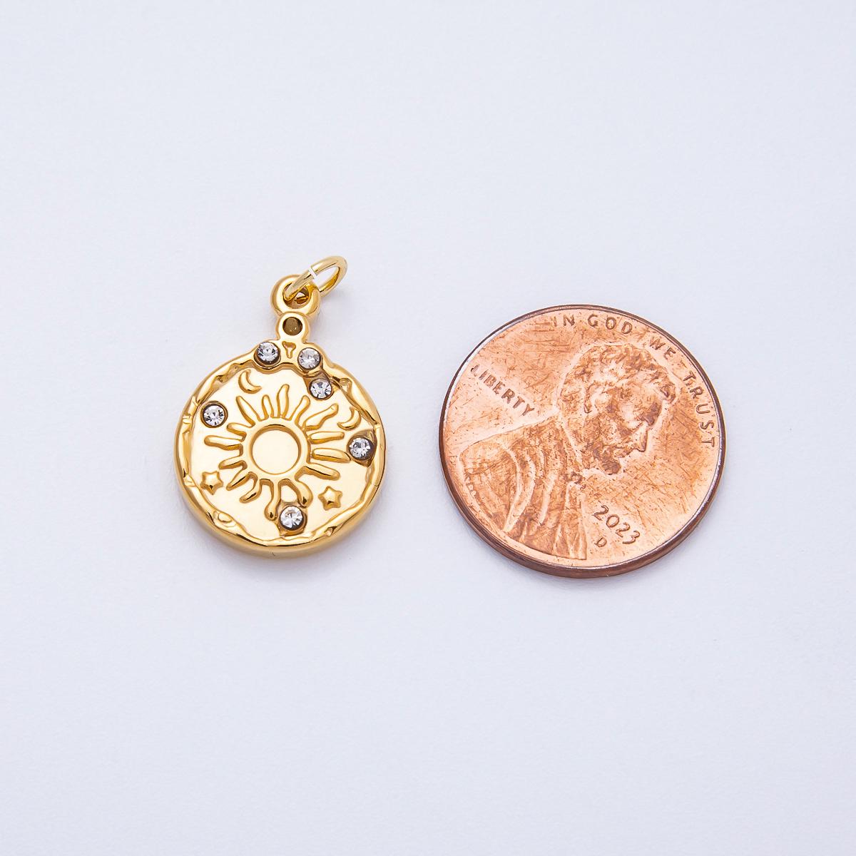 PVD Stainless Steel 19mm Clear CZ Celestial Sun Medallion Charm Sunburst Coin Pendant DIY Supply Jewelry Necklace Bracelet | Charms-00711