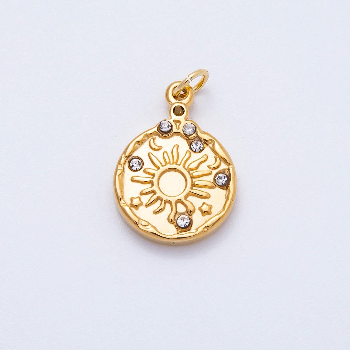 PVD Stainless Steel 19mm Clear CZ Celestial Sun Medallion Charm Sunburst Coin Pendant DIY Supply Jewelry Necklace Bracelet | Charms-00711